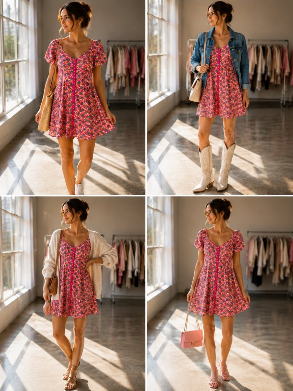 Betsey Johnson Floral Babydoll Mini Dress Pink Cottagecore Puff Sleeve Sz M